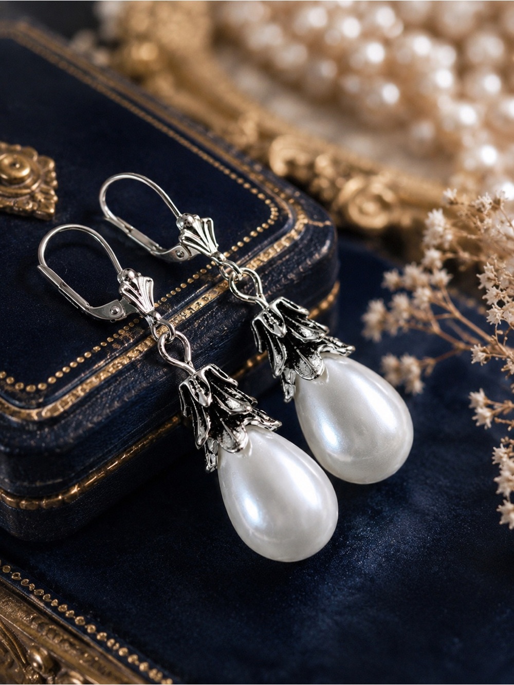 White Faux Pearl Bridal Drop Earrings Sterling Silver Leverbacks